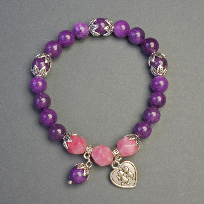 Sugilite and Tourmaline Bracelet with Heart Charm, diameter 8-9mm+-, length 18cm+- stretch
