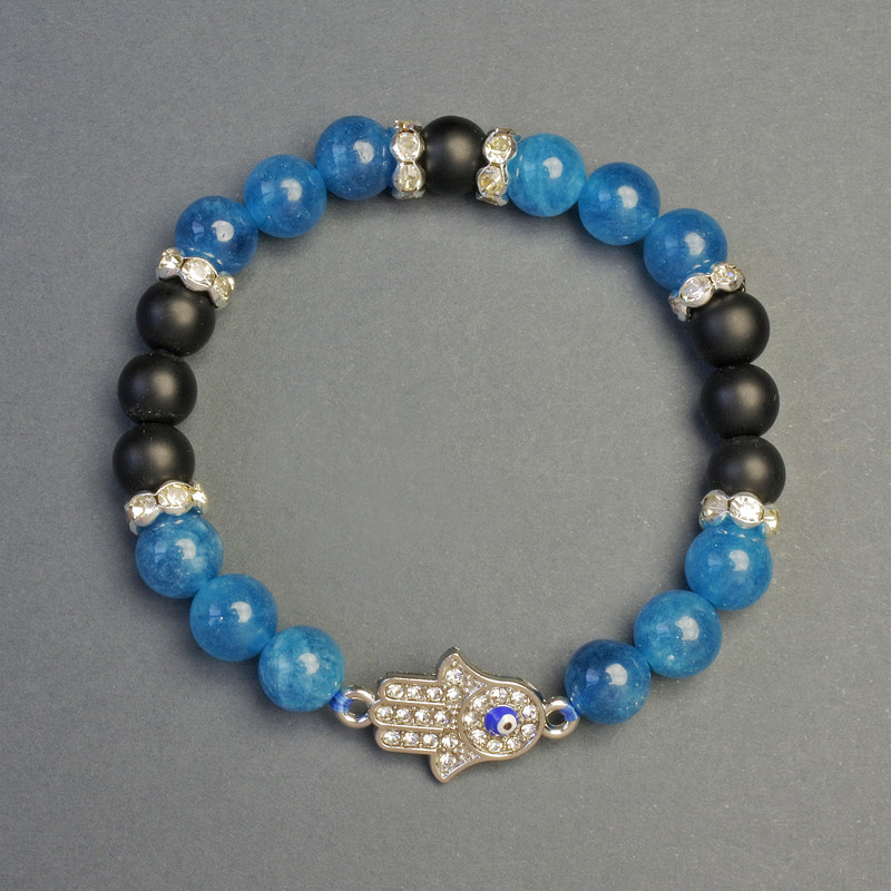 Apatite Shungite (Synth) Bracelet with Palm Charm, diameter 8mm+-, length 18cm+- stretch