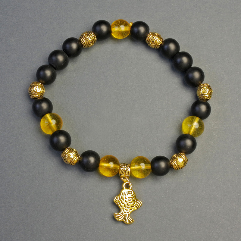 Shungite & Amber (Synthetic) Bracelet with Gold Fish Charm, Diameter 8mm+-, Length 18cm+- Stretch
