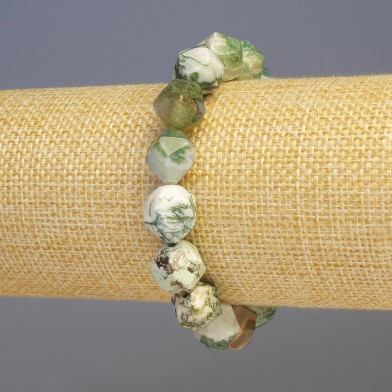 Moss Agate Bracelet, Natural Stone, Faceted, Diameter 11x11mm+/-, Length 18cm+/- Stretch