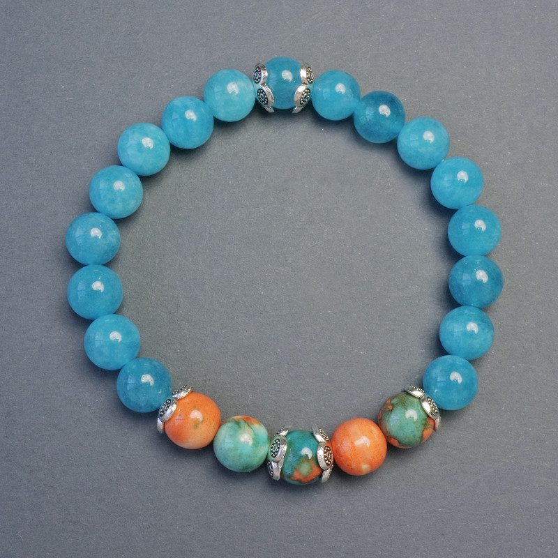 Aquamarine, Variscite Smooth Bead Bracelet, diameter 8mm with inserts, length 18cm+- stretch