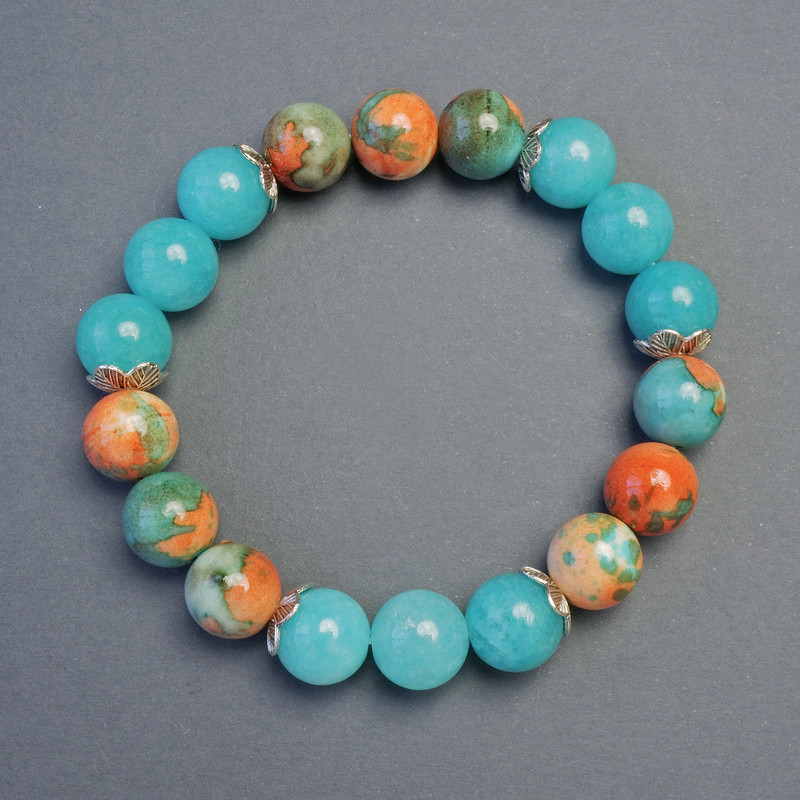 Variscite, Aquamarine Bracelet smooth bead, diameter 10mm+- with spacers, length 18cm+- stretch