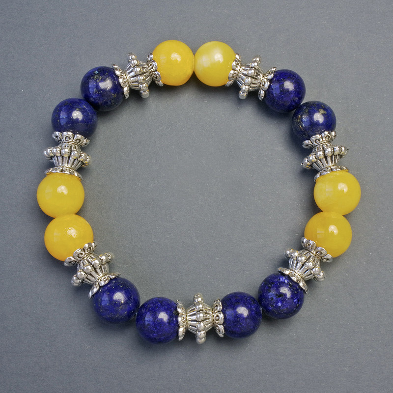 Bracelet Citrine (artificial), Lapis Lazuli smooth ball, diameter 10mm+- with inserts, length 18cm+- stretch