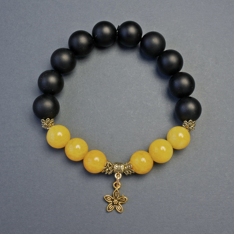 Bracelet Citrine (artificial) smooth ball, diameter 10mm, Shungite smooth ball, diameter 12mm+- with inserts, length 18cm+- stretch