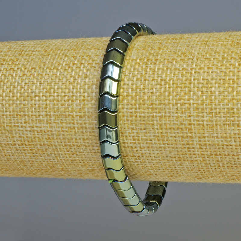 Hematite "Snake" Zigzag Wave Bracelet, Green Chameleon Colour, Diameter 7x5x5mm+/-, Length 18cm+/- Stretch