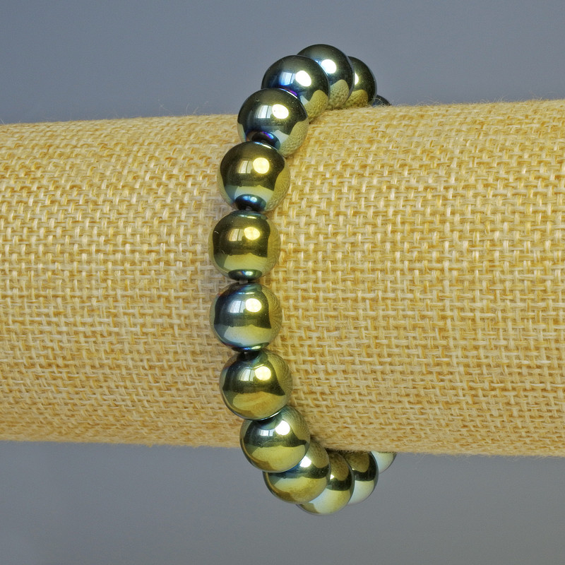 Bracelet Hematite ball chameleon green colour, diameter 10mm+-, length 18cm+- stretch