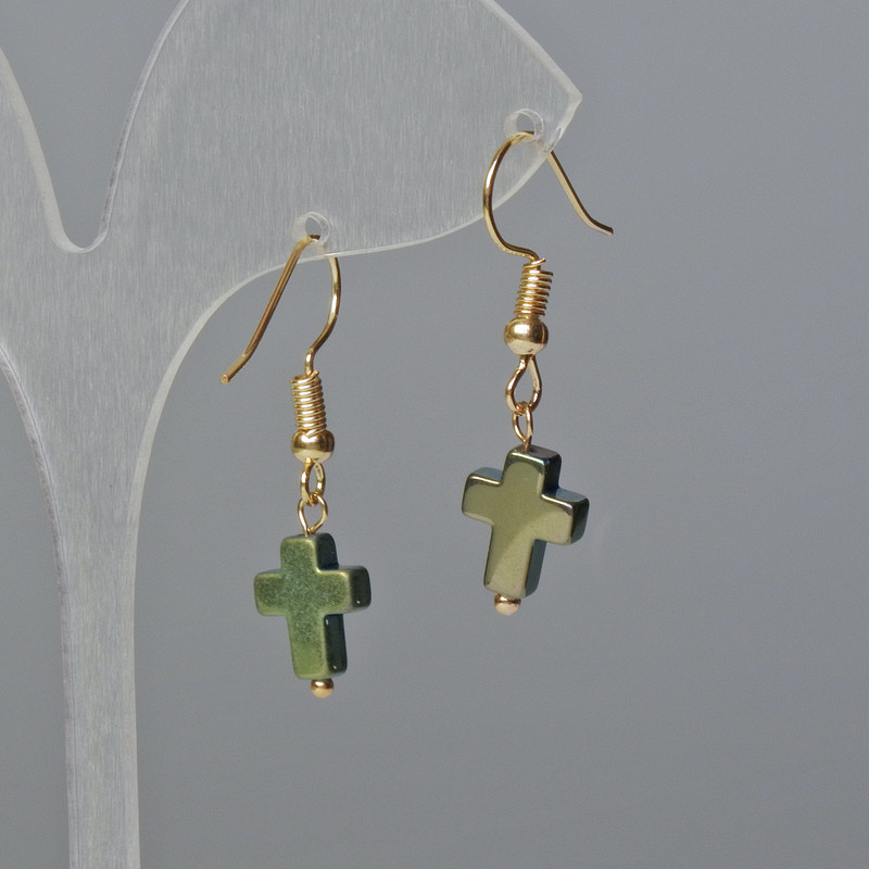 Hematite "Cross" Earrings, green-blue colour, diameter 8.5x10.5x3mm+-, length 3cm+