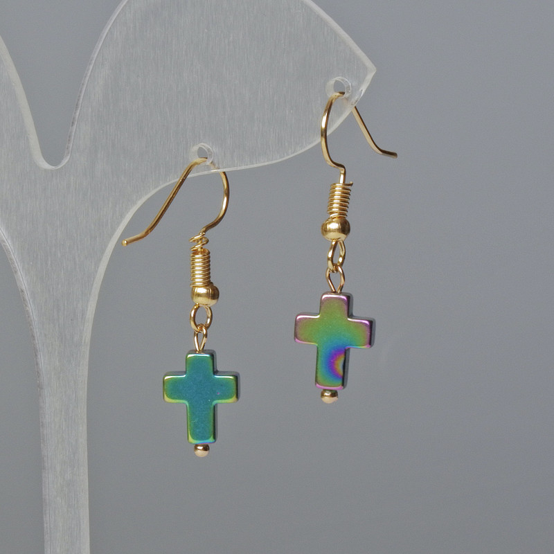 Hematite "Cross" Earrings, chameleon colour, diameter 8.5x10.5x3mm+-, length 3cm+