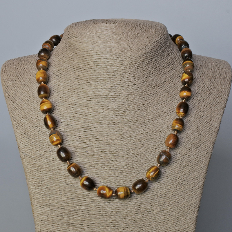Tiger's Eye Natural Stone Necklace, "barrel", diameter 12x10mm+/-, length 50cm+