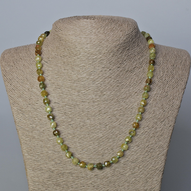 Grossular (Green Garnet) Natural Stone Necklace, faceted cube, diameter 6x6mm+/-, length 51cm+