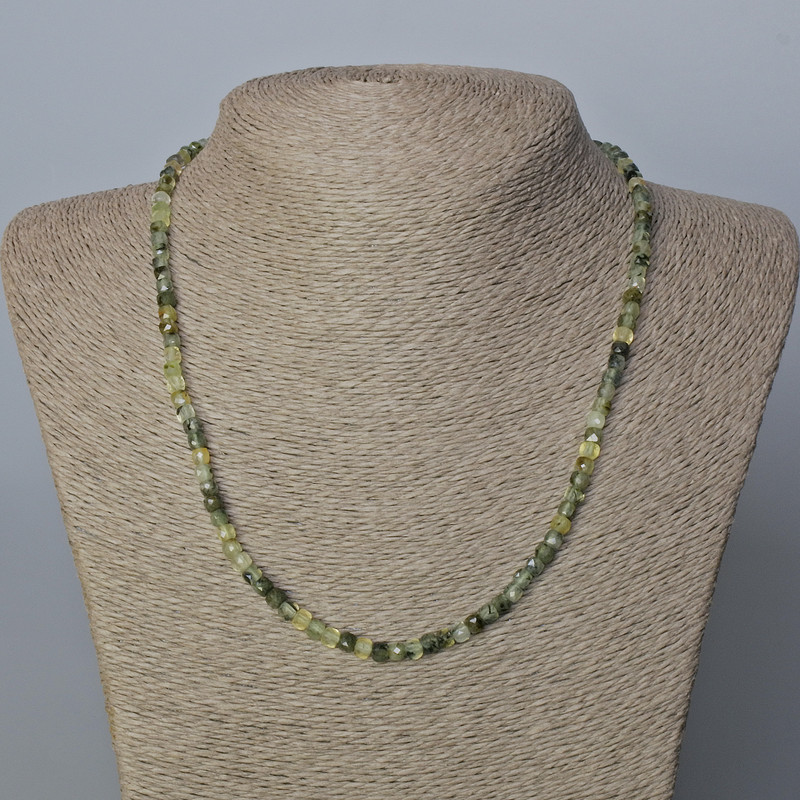 Prehnite Natural Stone Necklace, faceted cube, diameter 4x4mm+/-, length 45cm+