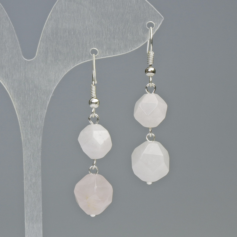 Rose Quartz Earrings, Faceted Ball, Diameter 10.5-8.5mm+