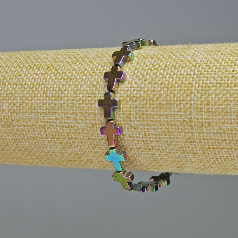 Hematite Bracelet "Cross", Chameleon Colour, Diameter 8.5x10.5x3mm+-, Length 18cm+- Stretch