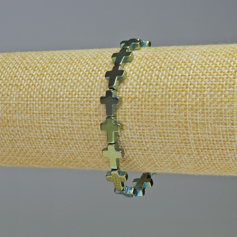 Hematite Bracelet "Cross", Green-Blue Colour, Diameter 8.5x10.5x3mm+-, Length 18cm+- Stretch