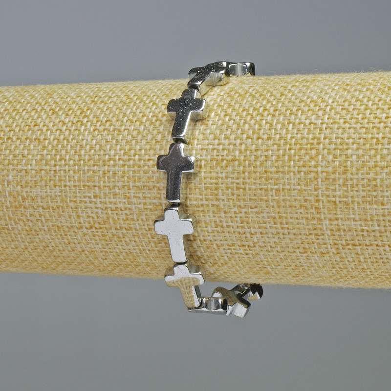Hematite Bracelet "Cross", Silver Colour, Diameter 10x14x4mm+-, Length 18cm+- Stretch