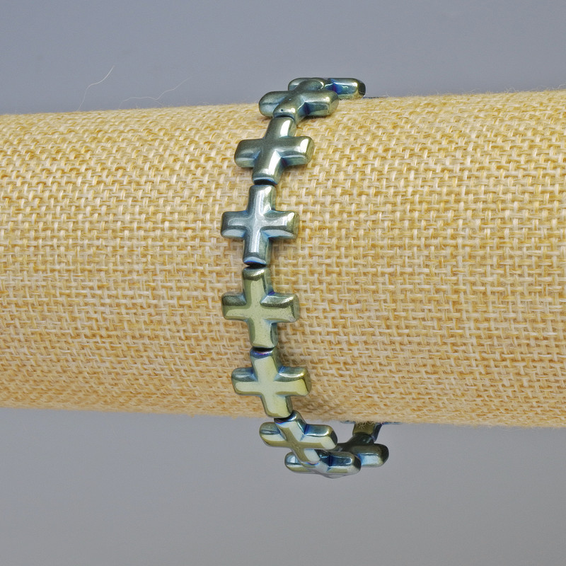 Hematite Bracelet "Cross" Green-Blue, diameter 12.5x12.5x4mm+/-, length 18cm+/- stretch