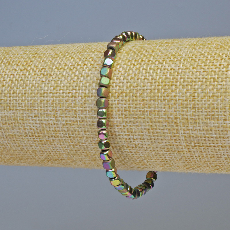Hematite Cube Bracelet, Rainbow Colour, Matte & Glossy, 4x4mm+- Diameter, 18cm+- Length, Stretch