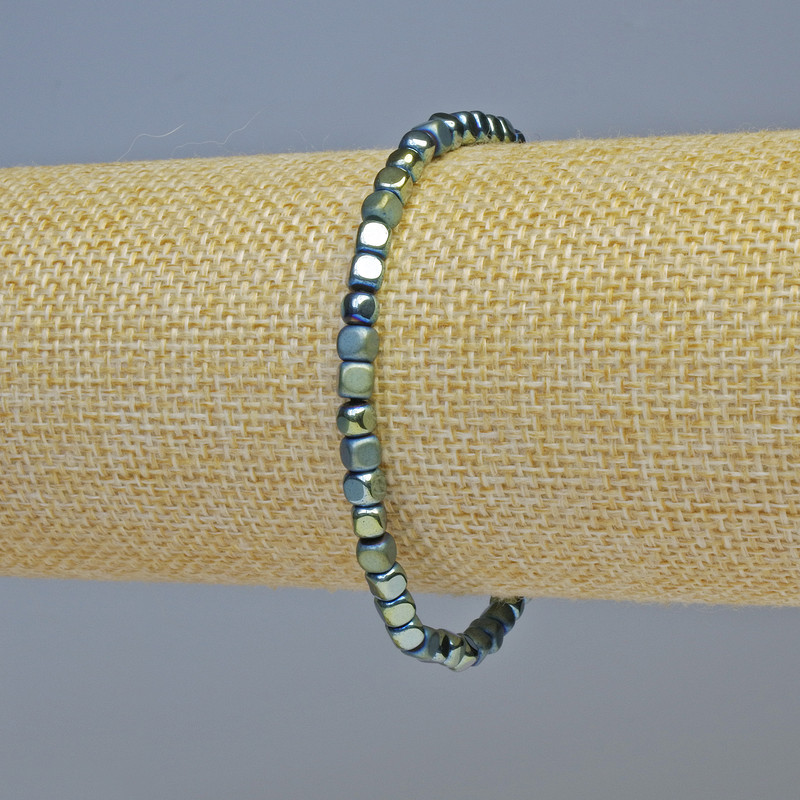 Hematite Cube Bracelet, Green Chameleon Colour, Matte & Glossy, 4x4mm+- Diameter, 18cm+- Length, Stretch