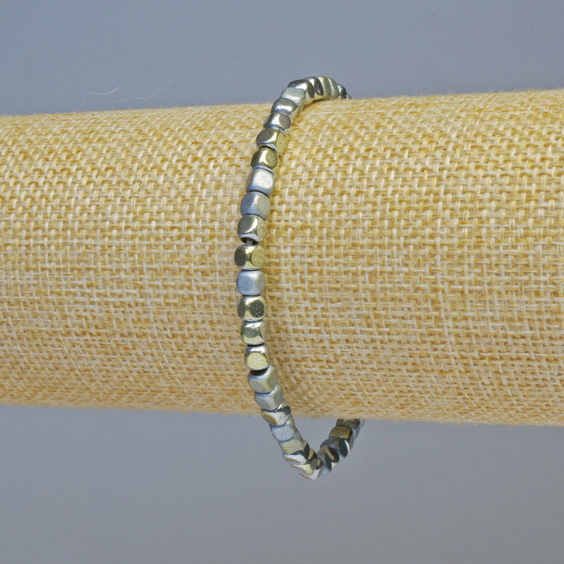 Hematite Bracelet, Cubes, Blue-Gold Matte & Glossy, Diameter 4x4mm+-, Length 18cm+- Stretch