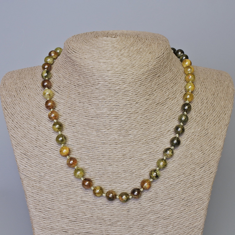 Grossular (Green Garnet) Necklace, Natural Stone Smooth Bead, Diameter 8.5mm+-, Length 47cm+- on a String