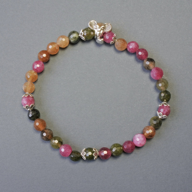 Tourmaline Bracelet Faceted Bead d-6mm with Metal Inserts, Length 18cm+/- Stretch
