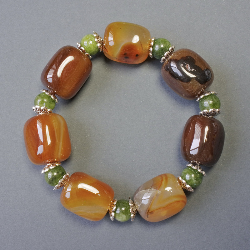Agate Natural Stone Bar Bracelet, diameter 19x15mm+- Jadeite smooth ball, diameter 8mm+-, length 18cm+- stretch