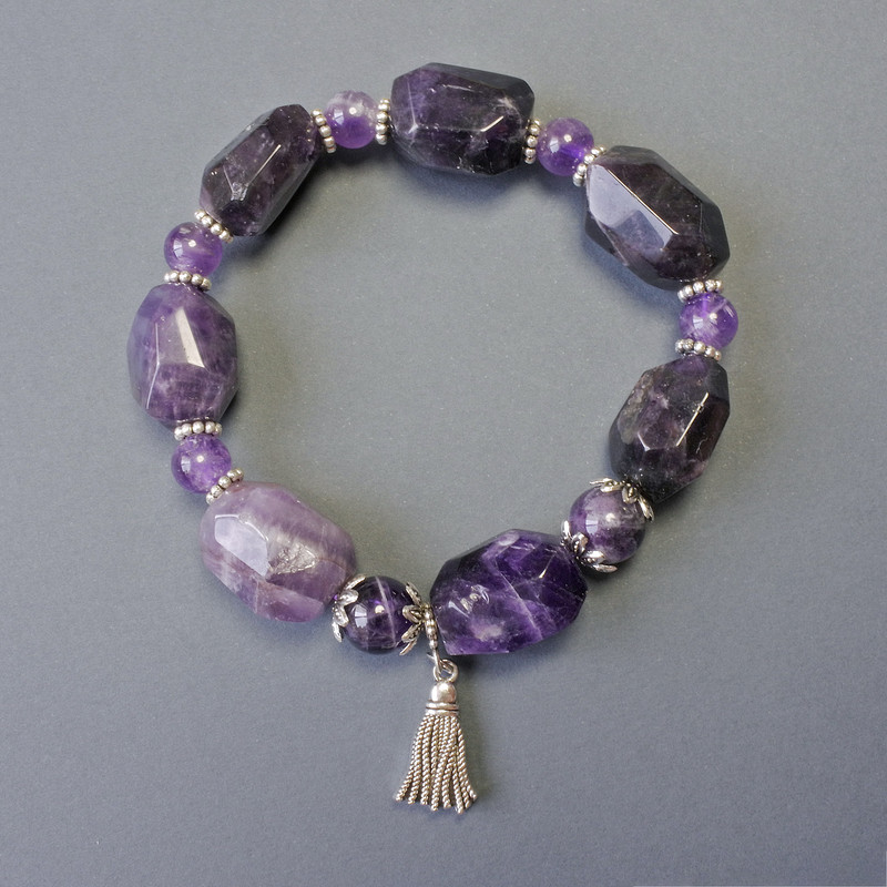 Amethyst Bracelet, faceted nuggets and smooth round bead with metal inserts, size 20x14-16mm±, diameter 8mm, length 18cm± stretch