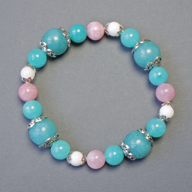 Agate, Aquamarine, Pink Quartz (Synthetic) Bracelet, Length 18cm Stretch