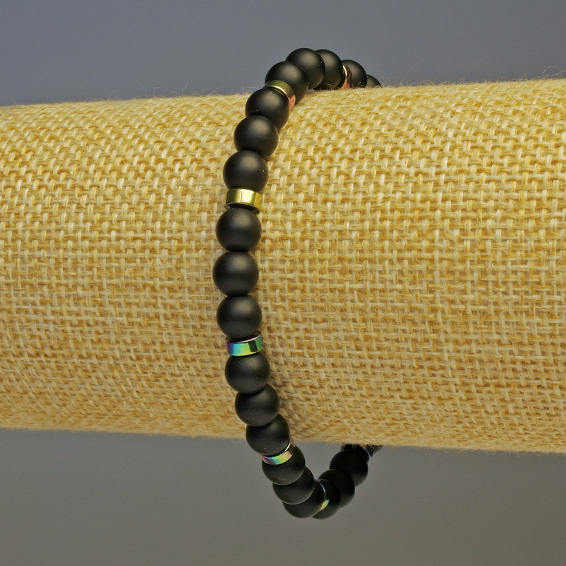 Shungite Bracelet, smooth round beads diameter 6mm+/-, rainbow hematite disc beads diameter 5x2mm+, length 18cm, stretch