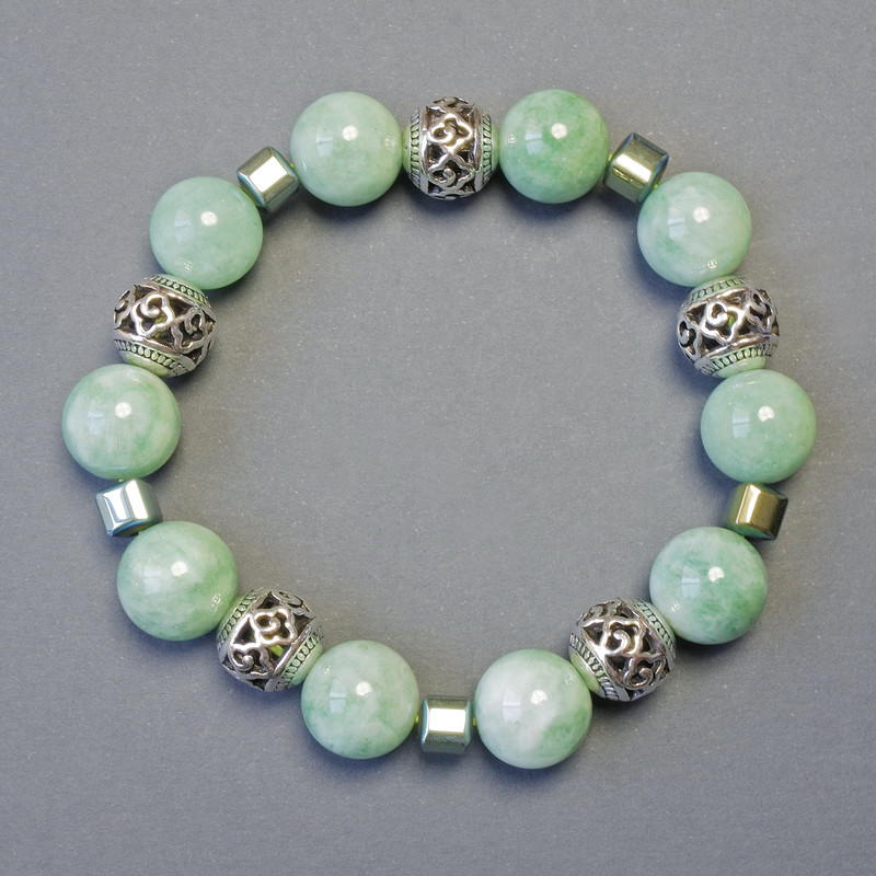 Jadeite Smooth Bead 12mm+- & Hematite Cube 5x5mm+- Bracelet, Length 18cm Stretch