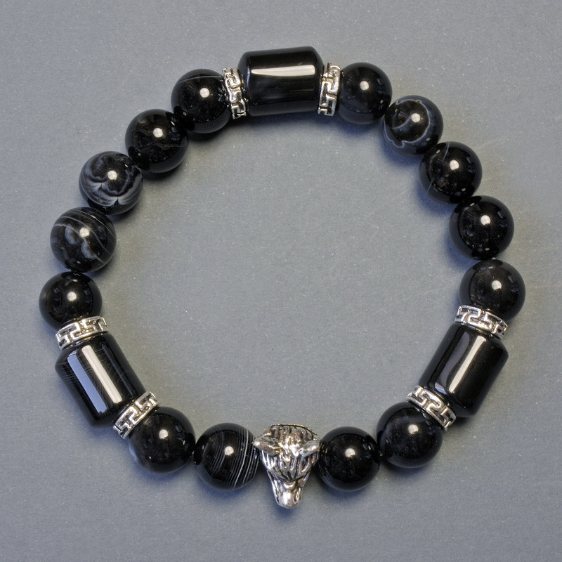 Agate Cylinder 8x5mm+- & Smooth Bead 10mm+- Bracelet, Length 18cm Stretch
