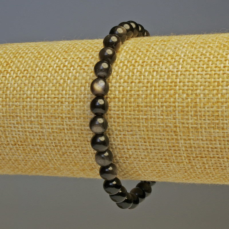 Silver Sheen Obsidian Smooth Bead Bracelet, Diameter 6 (+/-) mm, Length 18cm Stretch