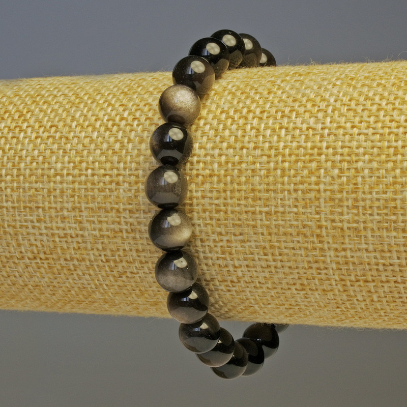 Silver Sheen Obsidian Smooth Bead Bracelet, Diameter 8 (+/-) mm, Length 18cm Stretch
