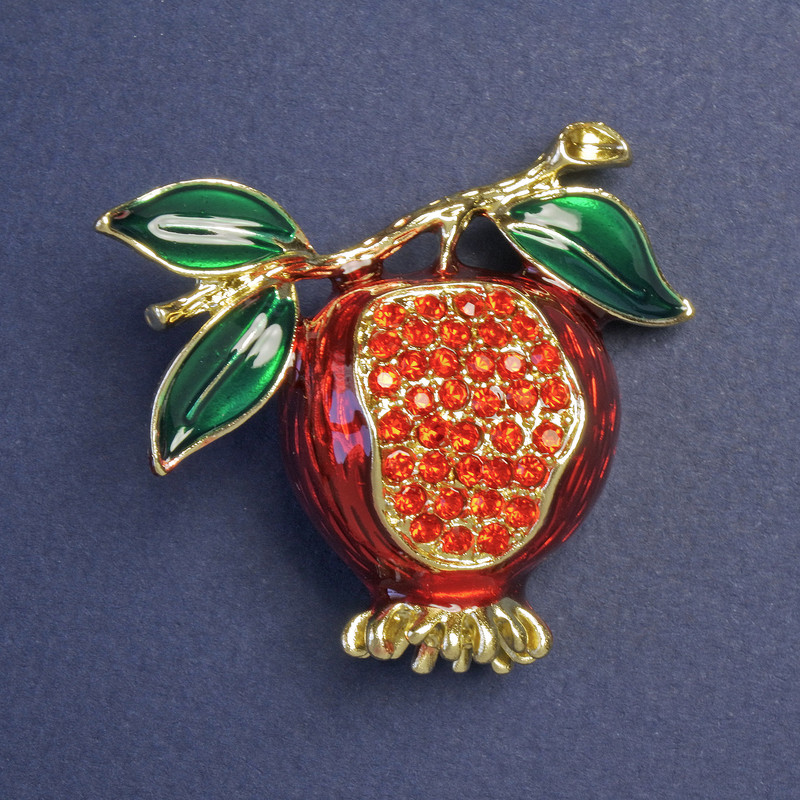 Pomegranate Brooch Red and Green Enamel with Rhinestones 41x43mm+