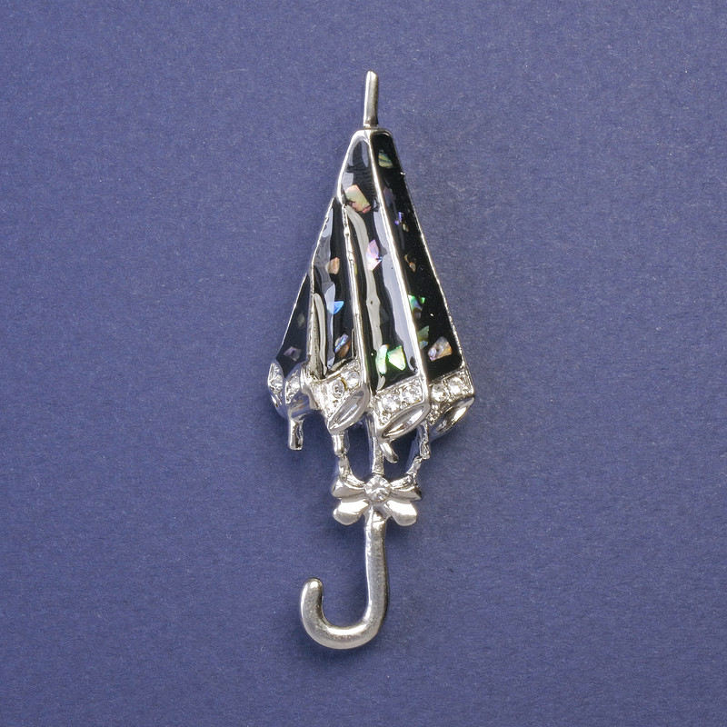 Umbrella Brooch, Abalone Shell, Enamel, Silver-Tone Metal, 59x21mm+