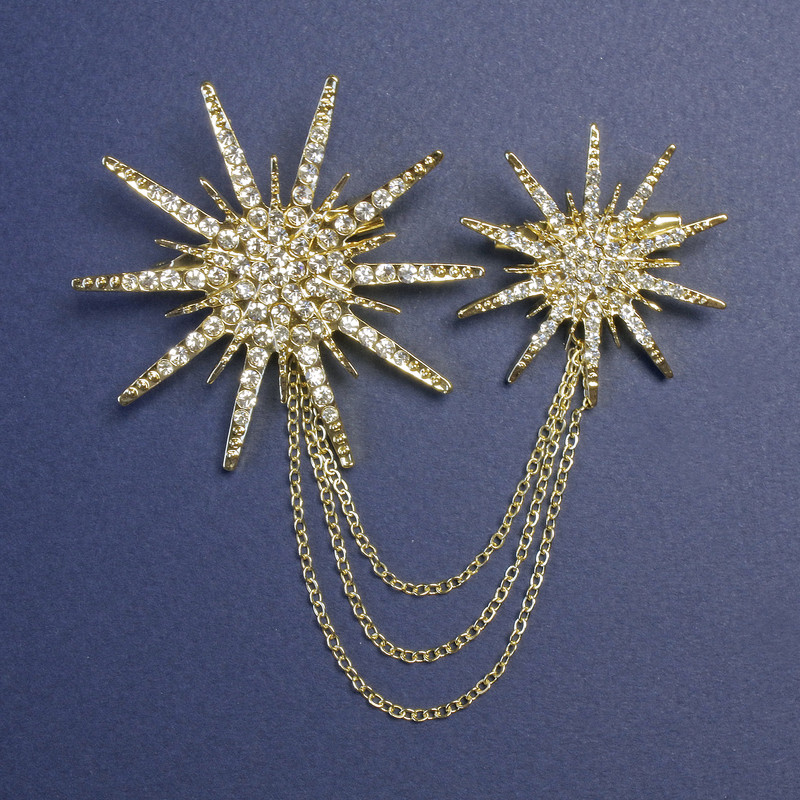 Double Star Brooch with Chain, Diameter 55mm+/-, Diameter 38mm+/-, and Rhinestones