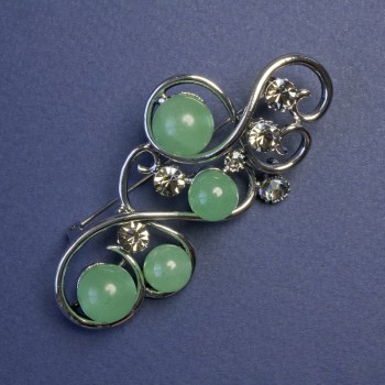 Brooch with Jade and Grey Rhinestones, "Silver" Coloured Metal 75x37mm+