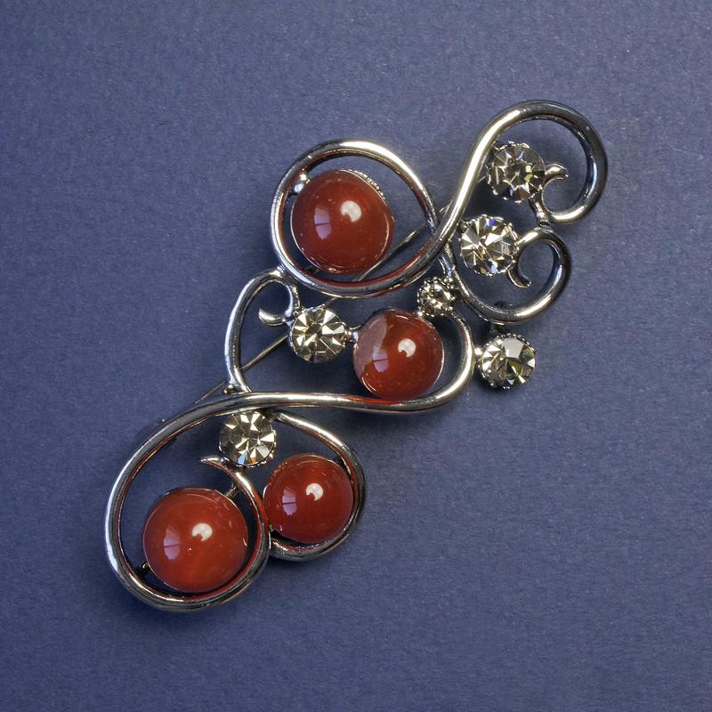 Carnelian Brooch with Grey Rhinestones, Silver-Tone Metal, 75x37mm+