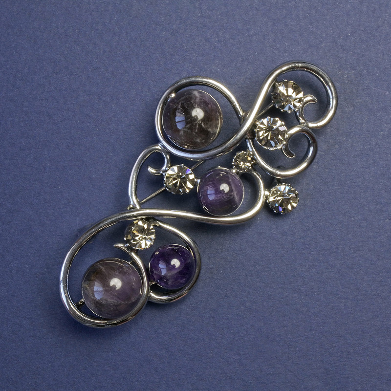 Brooch with Amethyst and Grey Rhinestones, Silver-Tone Metal, 75x37mm+
