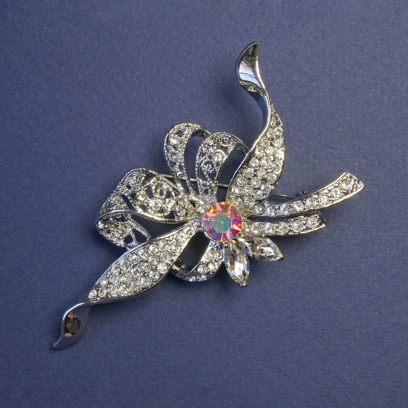 Accent Brooch with Iridescent Crystal and White Rhinestones, Silver-Tone Metal, 78x41mm+