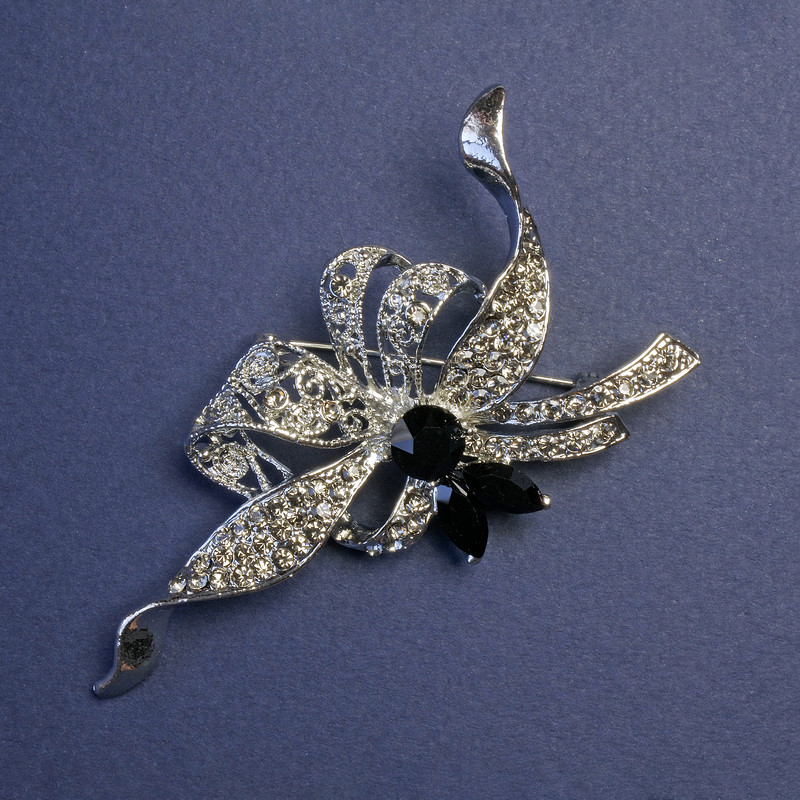 Accent Brooch with Black Crystals and White Rhinestones, Silver-Tone Metal, 78x41mm+