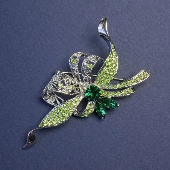 Accent Brooch with Green Crystals and Rhinestones, Silver-Tone Metal, 78x41mm+