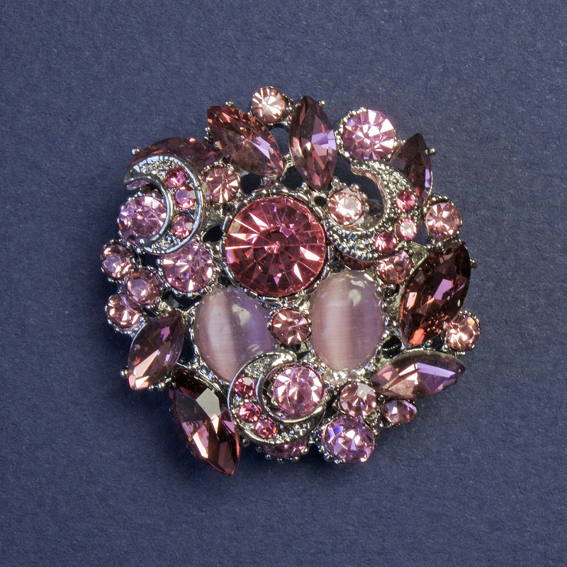 Brooch-Pendant Accent with Cat's Eye Pink Crystal and Rhinestones 31mm+