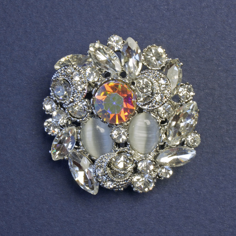 Brooch-Pendant Accent with Cat's Eye Rainbow Crystal and Rhinestones 31mm+