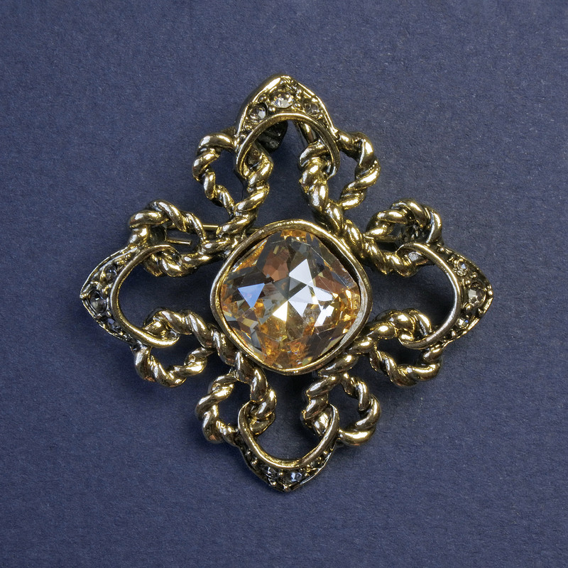 Brooch-Pendant Accent with Yellow Crystal and White Rhinestones 40mm+