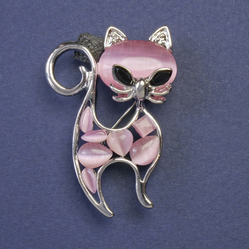 Brooch-Pendant "Kitty" Pink Cat's Eye, Silver-Tone Metal 30x45mm+