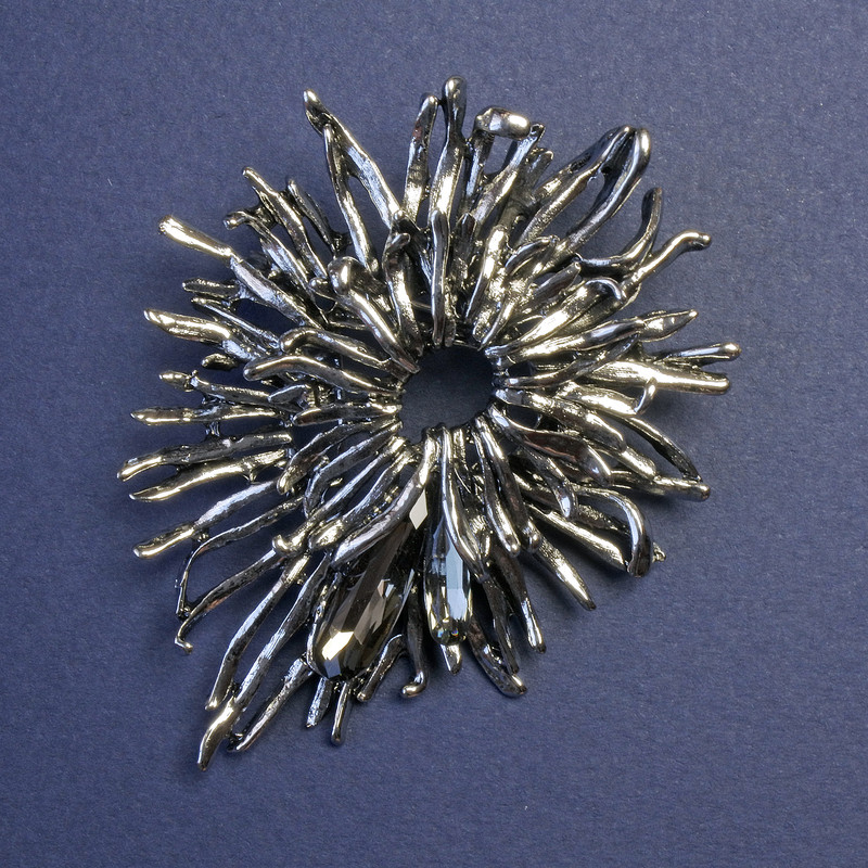 Flower Brooch-Pendant with Grey Crystals, Silver-Tone Metal, 70x55mm+