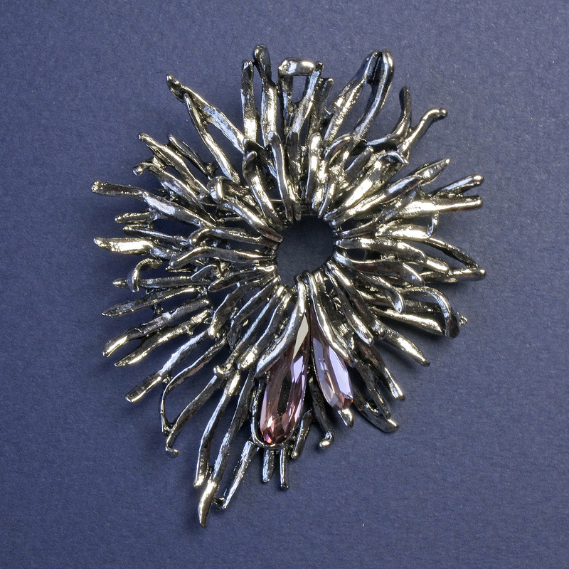 Flower Brooch-Pendant with Pink Crystals, Silver-Tone Metal, 70x55mm+