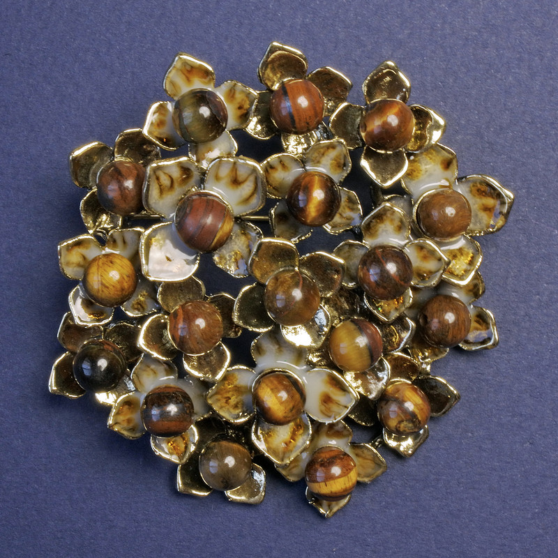Flower Pendant Brooch with Tiger's Eye, Brown Enamel, Golden Metal 60x62mm+