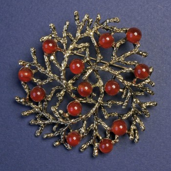 Brooch Pendant "Twigs" with Carnelian, Golden Metal 60mm+